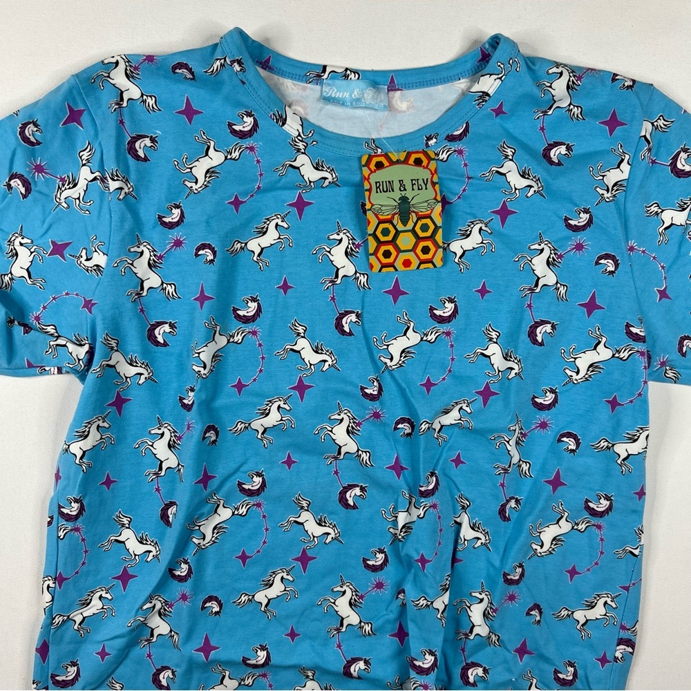 Run & Fly Unicorn AOP Shirt womens Sz L Made In England New With Tags Aqua Blue